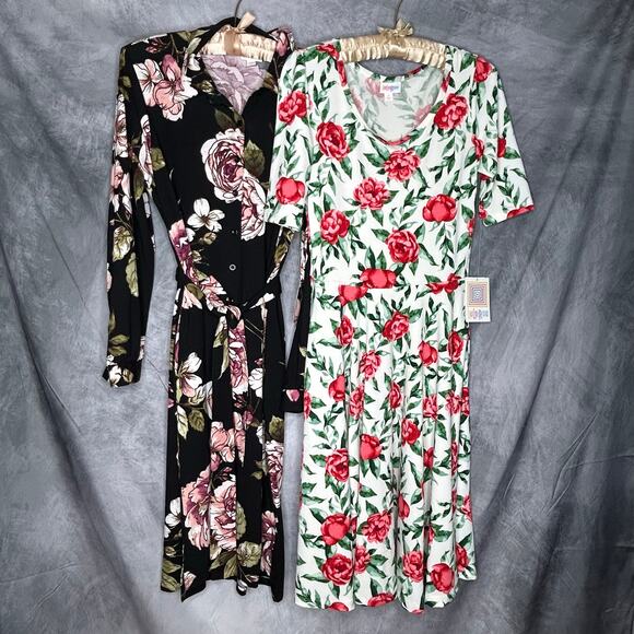 NEW Lot 2 Lularoe Dresses "Ellie" Small "Nicole" XS Runs Large Floral Comfy Midi - Picture 1 of 16
